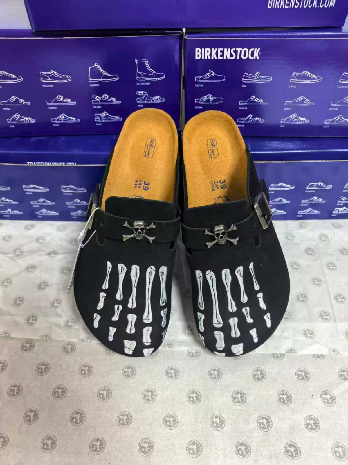Birkenstock Boston Clog 'Custom Skull & Skeleton - Black Suede